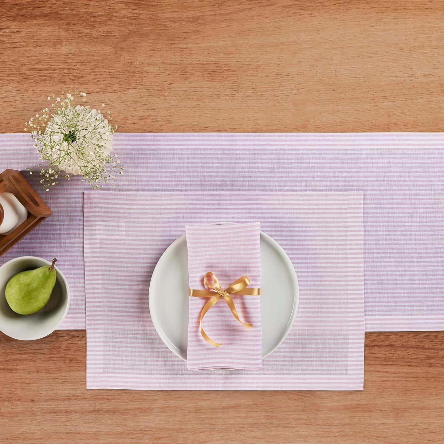 Solino Home Linen Table Runner 144 Inches Long - Narrow Stripe, 100% Pure Linen Pink and White Table Runner 14 x 144 Inch for Dining, Halloween