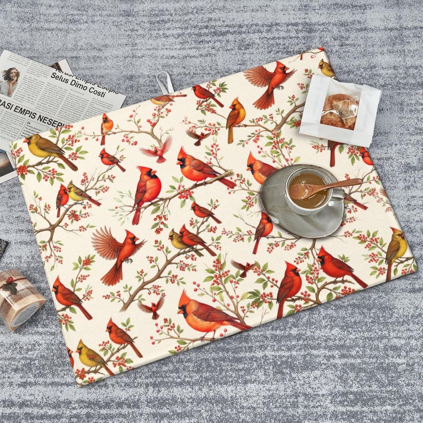 Red Cardinal Bird Floral Dish Drying Mats for Kitchen Counter & Sink, Absorbent Microfiber Cardinal Drying Pad for Dishes, 18" x 24" Foldable Kitchen Mat for Dining Area, Christmas Gifts, Home Decor