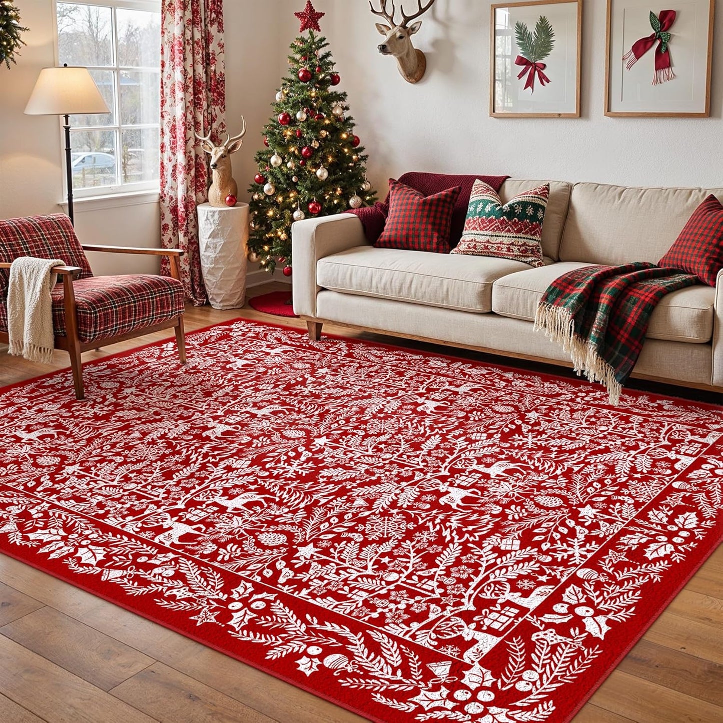 Christmas Area Rug 5x7 Machine Washable Xmas Snowflake Holiday Decor Living Room Rugs Low Pile Carpet Indoor Doormat Red Non-Slip Christmas Deer Carpet for Bedroom Kitchen Entryway Bathroom