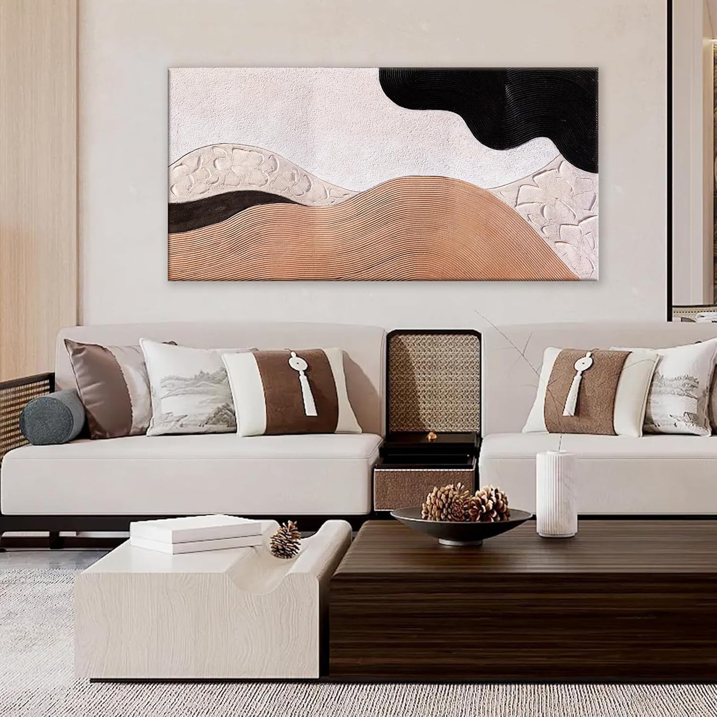 Suconvng Brown Abstract Wall Art For Living Room Modern Canvas Art Wall Decor Abstract Art Prints Pictures Black Wall Art For Hotel Home Wall Decor 24x48 Inch Ready To Hang