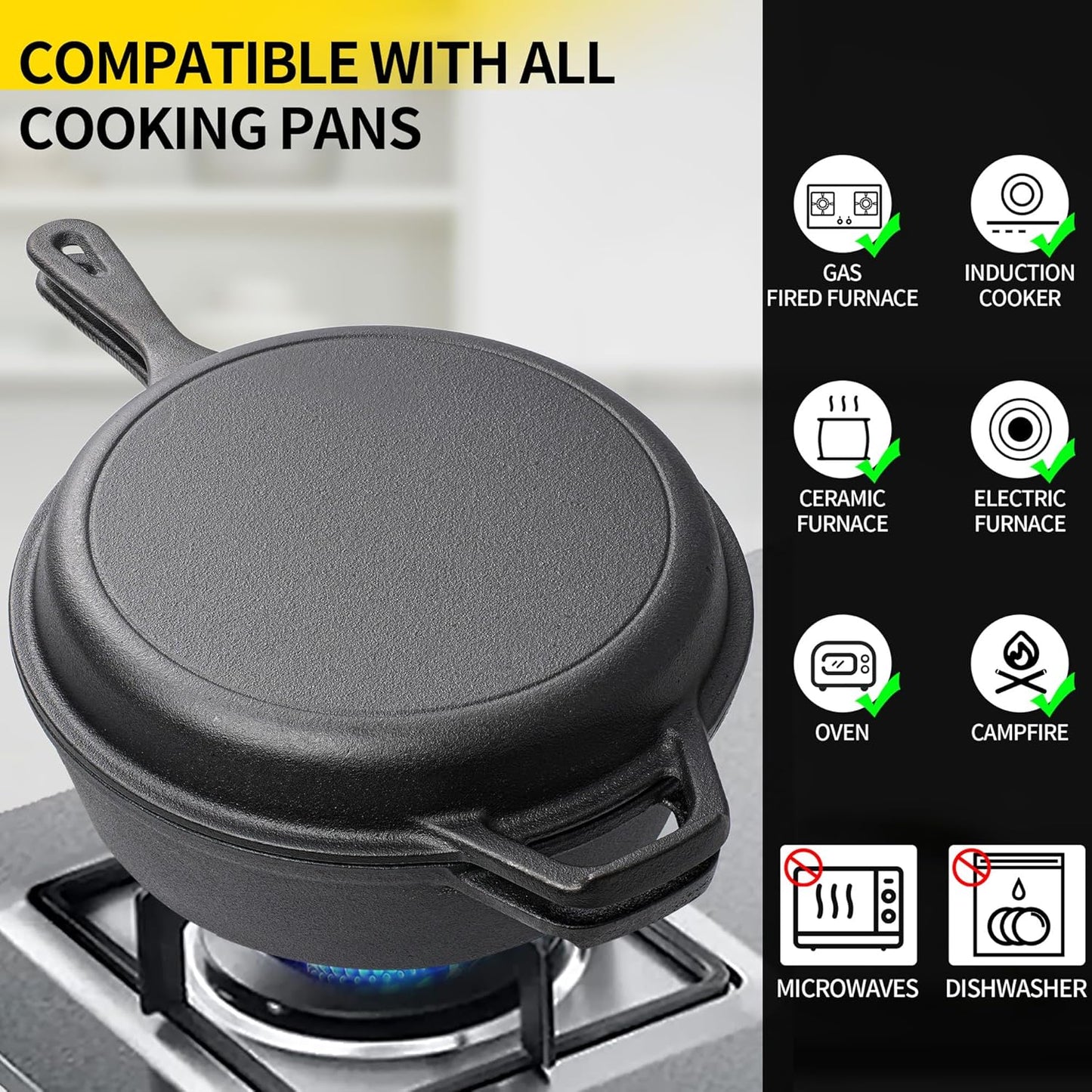 Vivicreate 2 in 1 Cast Iron Dutch Oven Pot with Skillet Lid Pre Seasoned Multi Cooker for Baking Frying Roasting Camping Compatible with All Stoves olla de hierro fundido sartén