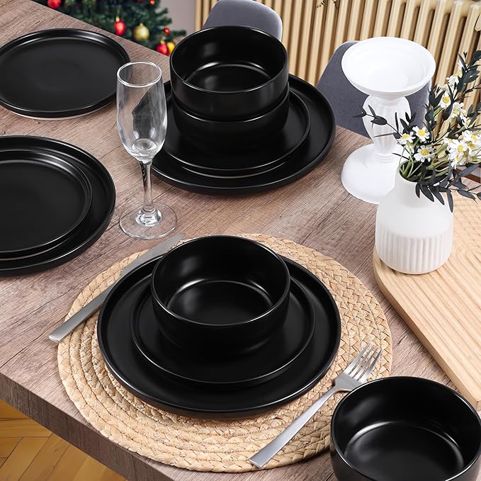 HaWare Stoneware Dinnerware Sets, 24-Piece Plates and Bowls Set for 8, Dishes Set for Home Restaurant, Frosting Black