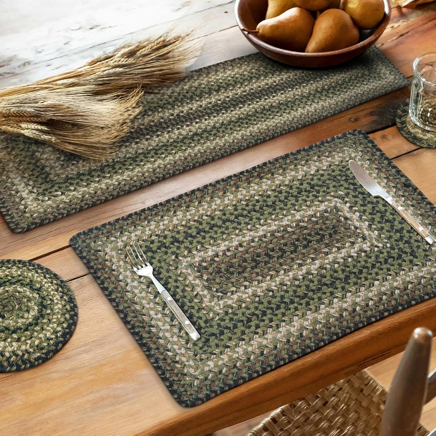 Homespice Pinecone Jute Braided Long Table Runner, Country Rustic Decor, Green Rectangle 11x36 - Rich Colors, Easy to Clean, Durable and Protects Furniture