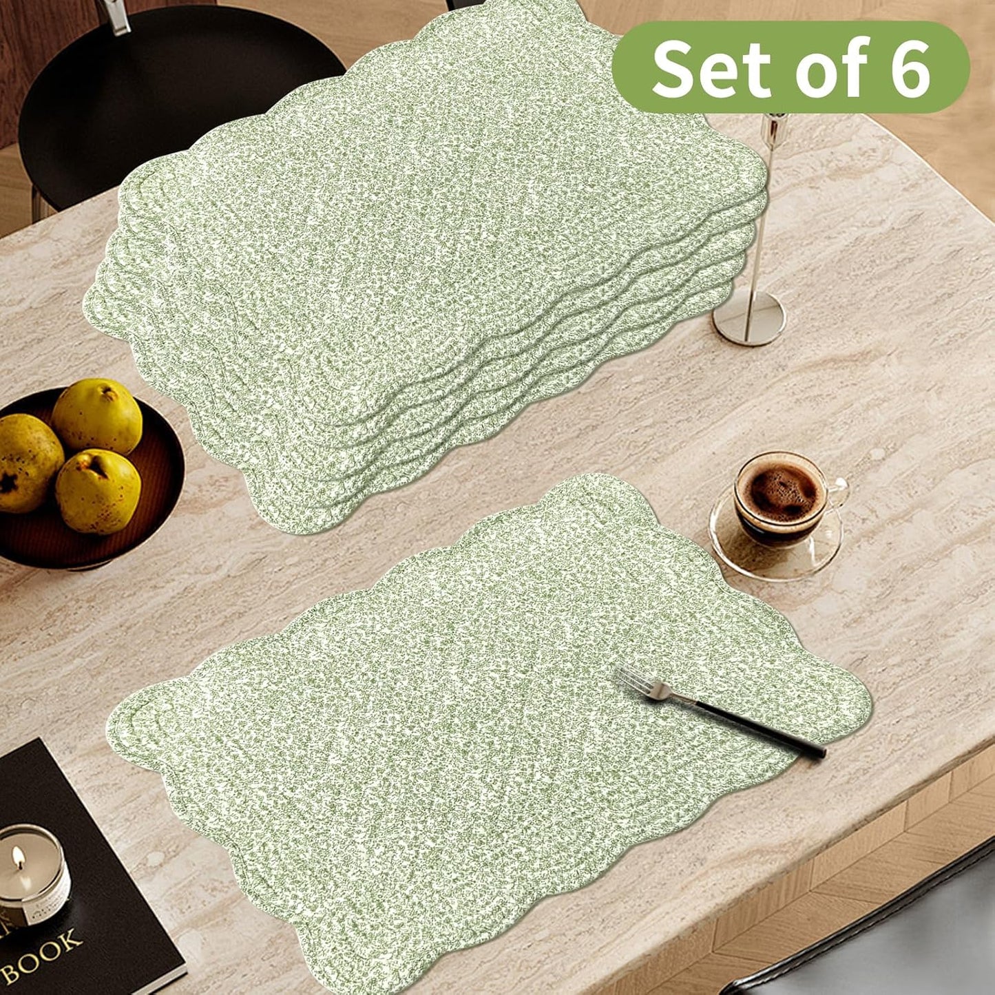 6 PC Quilted Placemats, 18"X13"Extra Large Cotton Placemats Set of 6, 100% Cotton Fabric Washable Cloth Table Mats for Kitchen & Dining Table - Soft &Easy Clean(Green Crushed Flower, Rectangular)