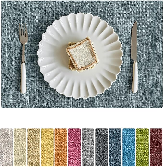 Softalker Faux Linen Placemats Set of 4-12 x 18 Inch, Heat Resistant Double Layered Durable Burlap Farmhouse Place Mats, Non-Slip Washable Rustic Table Mats for Dining, Kitchen, Party（Light Blue