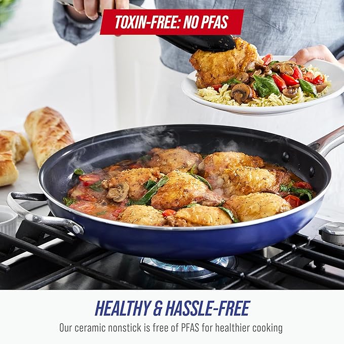 Blue Diamond 14" Nonstick Frying Pan Skillet, Diamond Infused PFAS & PTFE-Free Ceramic Pot, Dishwasher & Oven Safe, Stay Cool Handle, Durable Non Toxic Metal Utensil Safe, Family Jumbo Pan, Blue