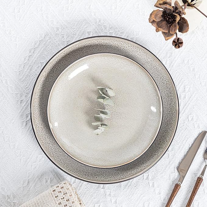 Plates and Bowls Sets for 4 - CJDC-QUELO 12-Piece Stoneware Dinnerware Sets, Ceramic Dishware Set for Kitchen Use and Formal Dining, Chip and Scratch Resistant Microwave Dishwasher Safe, Brown