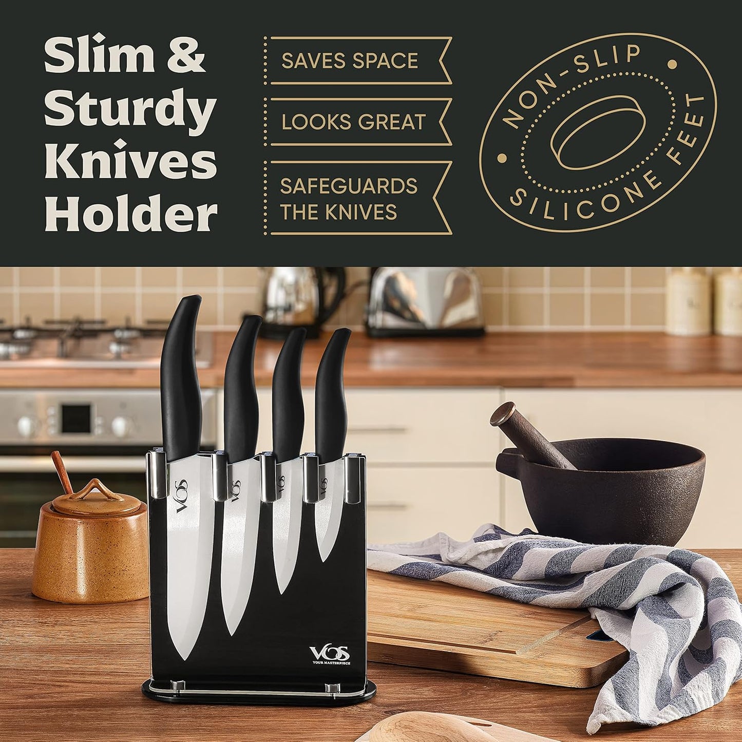 Vos Ceramic Knife Set with Block, Ceramic Knives Set For Kitchen, Ultra Sharp Kitchen Knife Set with Covers, 3" 4" 5" 6" Chef Knife, Utility, Paring & Versatile, Lightweight, Dishwasher safe (Black)