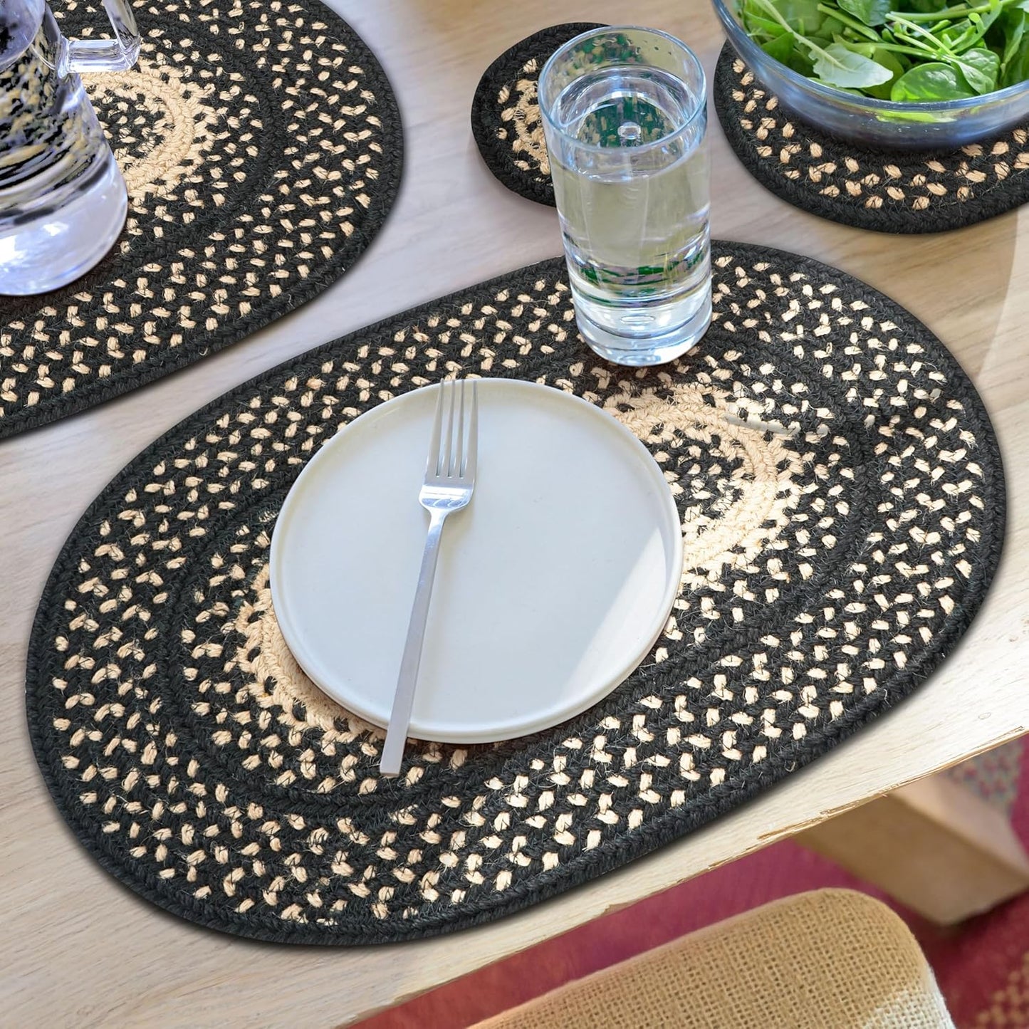 Homespice Manchester Jute Braided Oval Placemats, Country Primitive Decor, Set of 6, 13x19 Black and Tan Table Mats - Vibrant Colors, Durable, Easy to Clean and Protects Furniture