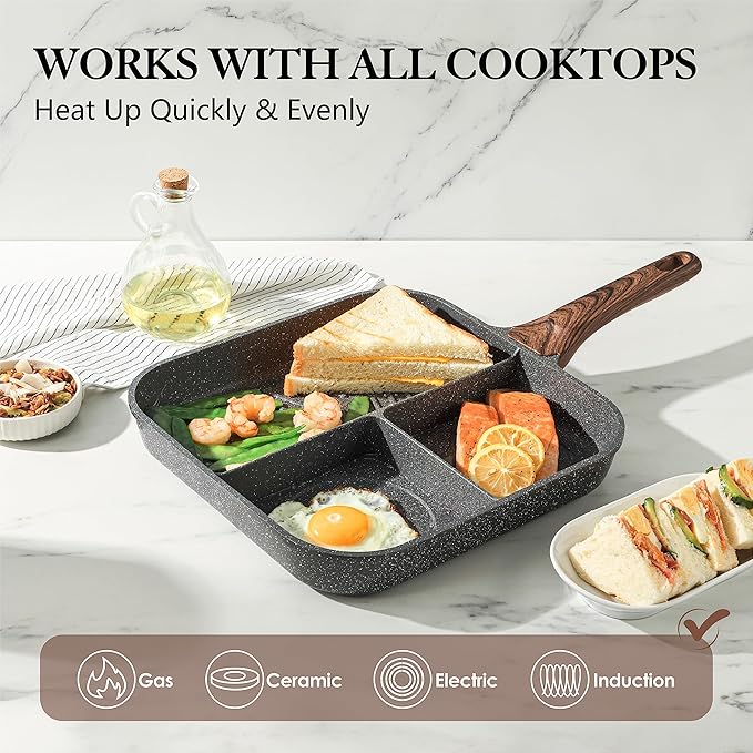 SENSARTE Nonstick Divided Grill Pan for Stove Tops, 3-Section Versatile Breakfast Grilling Pan, Durable Square Grill Skillet, Steak Griddle Pan, PFOA, PFOS, APEO Free, Induction Compatible, 9.5 Inch