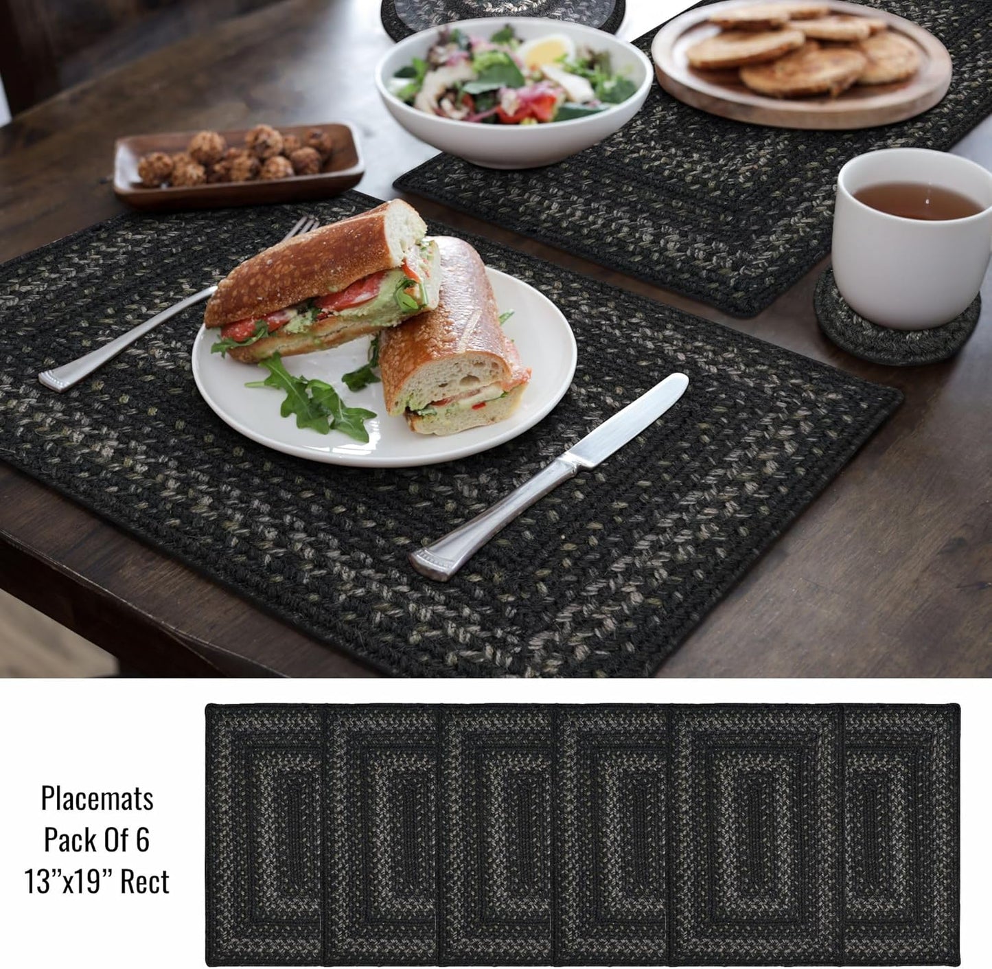 Homespice Jet Black Dining Placemats, Warm Primitive Decor, Set of 6-13x19 Rectangle Table Mats - Vibrant Colors, Durable, Easy to Clean and Protects Furniture