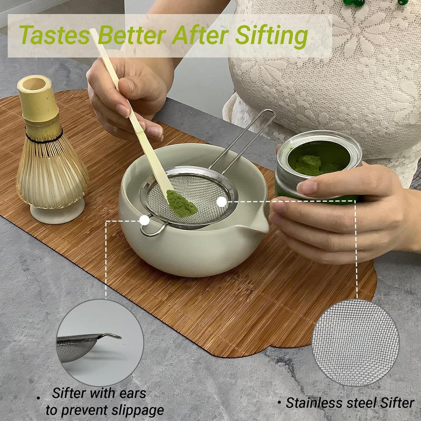 Matcha Whisk Set – 5 Pcs Matcha Set Whisk and Bowl with Spout, Bamboo Scoop, Sifter & Holder – Ru Kiln Matcha Bowl Japanese Tea Kit for Gifts, Home Use & Ceremonial Rituals (White)