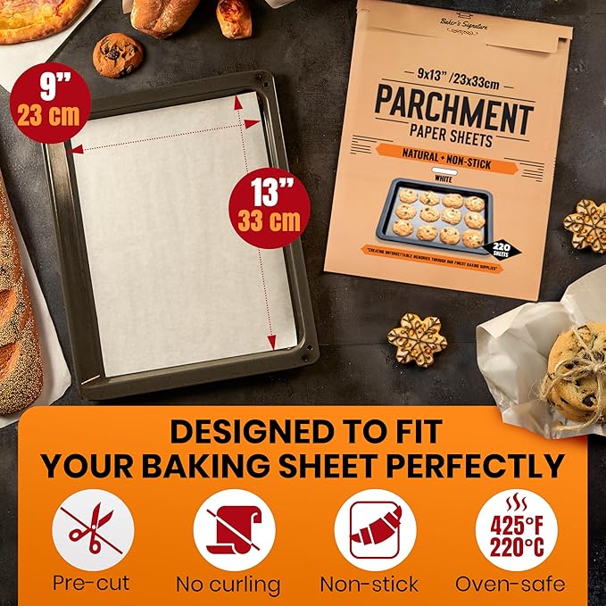 220 Pcs 9x13 Inch Parchment Paper Sheets by Baker's Signature | Parchment Baking Paper, Unbleached Parchment Paper - Perfect for Baking, Precut Non-Stick Sheets, Eco-Friendly, Will Not Curl or Burn