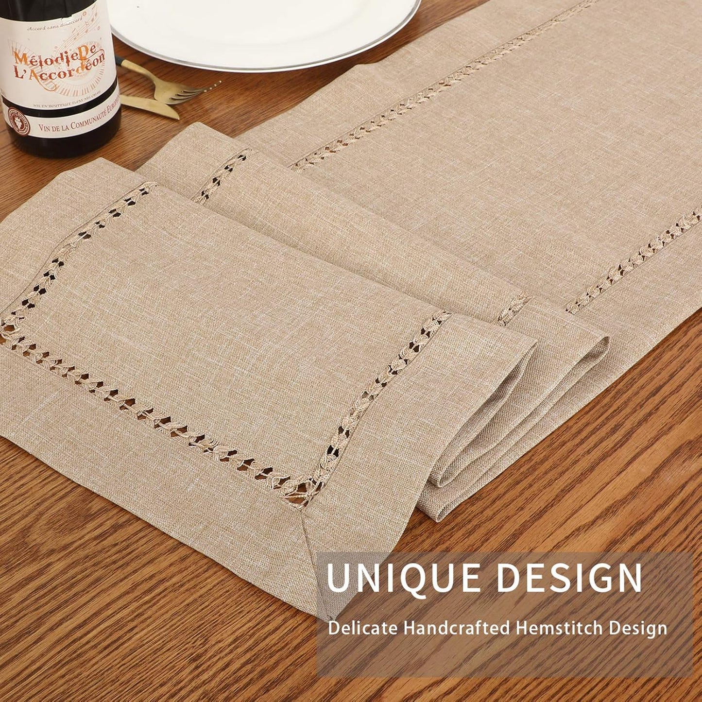 Tosewever Decorative Hemstitch Linen Table Runner Farmhouse Style Tabletop Collection Handcrafted Table Runners for Everyday Dining Wedding Party Holiday Home Decor (14 x 72 Inches, Light Coffee)