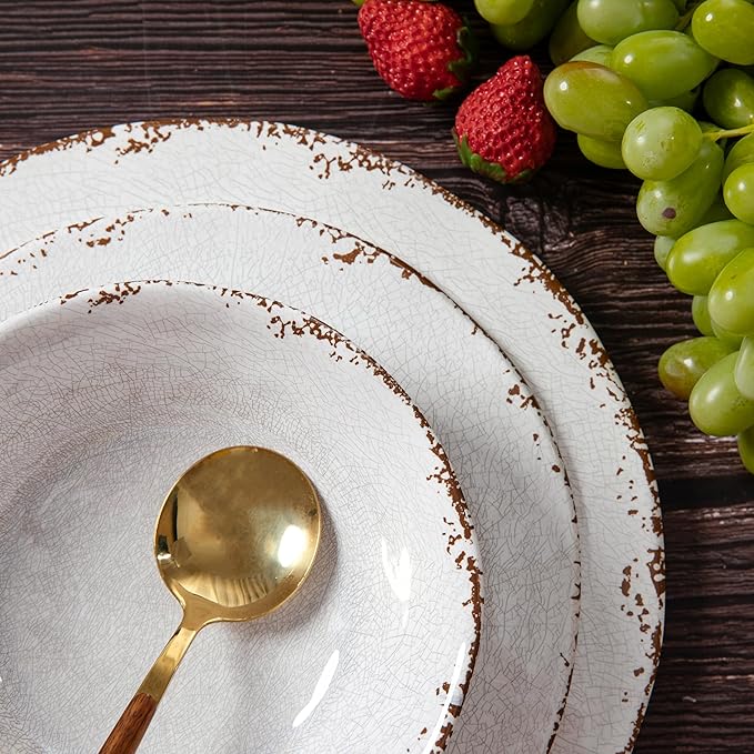 Vintage Melamine Dinnerware Sets, 18 Piece Lightweight and Unbreakable Outdoor Plates and Bowls Set, RV Dishes Set of 6, Chip Resistant Kitchen Plate Set for Indoor and Outdoor Use, White