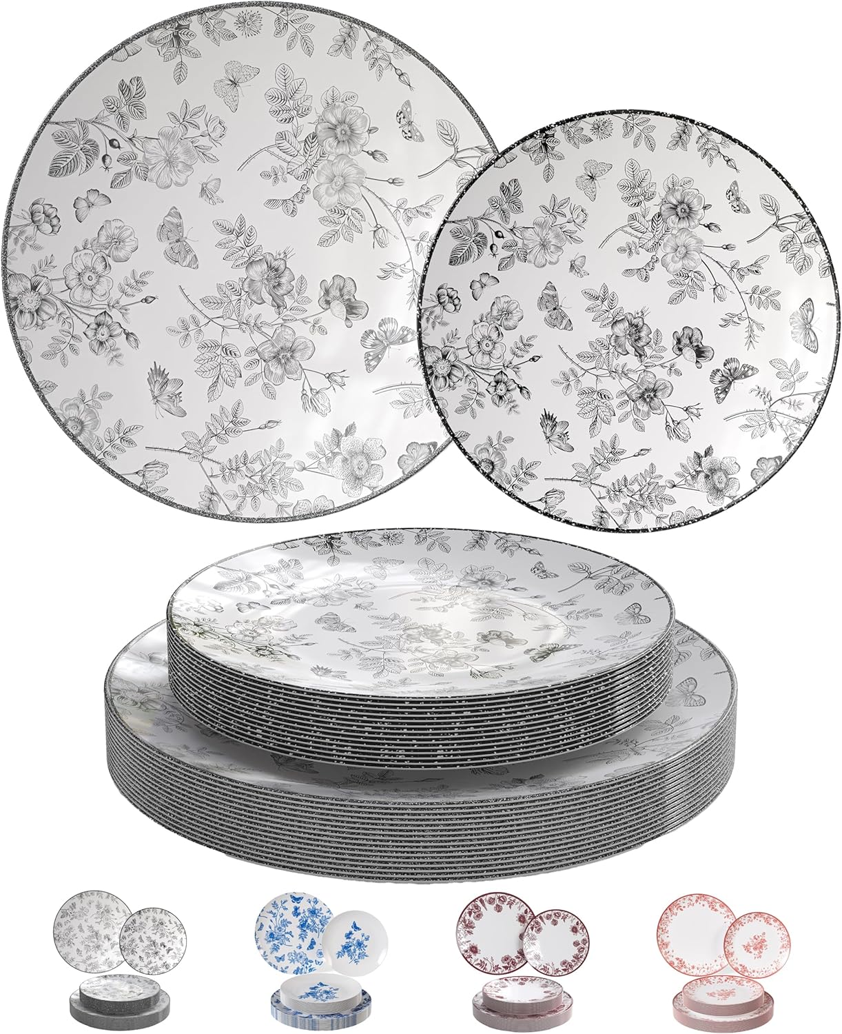 Trendables Disposable Plates For Party Supplies | Black Floral Plastic Plates For Wedding 80 Pcs - 40 X 8" & 40 X 10" Dinner Plate Sets | Floral Plate Set Disposable Plastic Dinnerware Sets