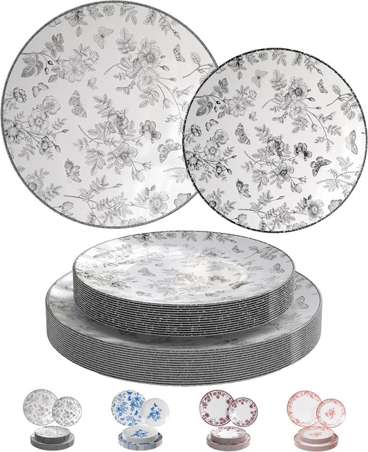 Trendables Disposable Plates For Party Supplies | Black Floral Plastic Plates For Wedding 40 Pcs - 20 X 8" & 20 X 10" Dinner Plate Sets | Floral Plate Set Disposable Plastic Dinnerware Sets