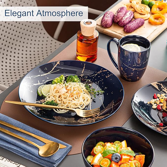 LOVECASA Porcelain Dinnerware Sets for 4, 16 PCS Plates and Bowls Set, Color Glaze with Gold Plate Dish Set, Dinner Sets with Dinner Plates, Dessert Plate, Bowls and Mugs, Dark Blue