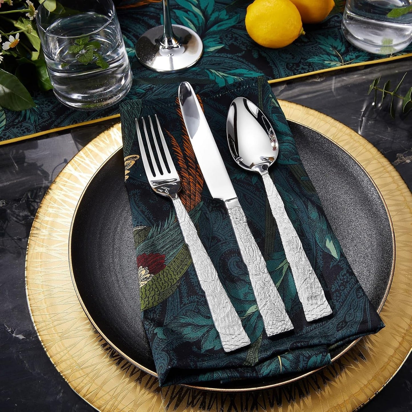 KEAWELL Premium Lava Silverware Set – 18/10 Stainless Steel Flatware, Dishwasher Safe, Textured Handle, Durable for Everyday Use, Elegant for Entertaining (20, Silver)