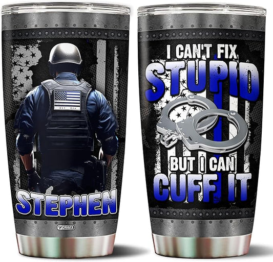 Personalized Police Tumbler Gifts for Men 20oz with Lid Travel Cup Coffee Mug Stainless Steel Insulated Water Bottle Gift for Police Man Dad Father Boy Friends
