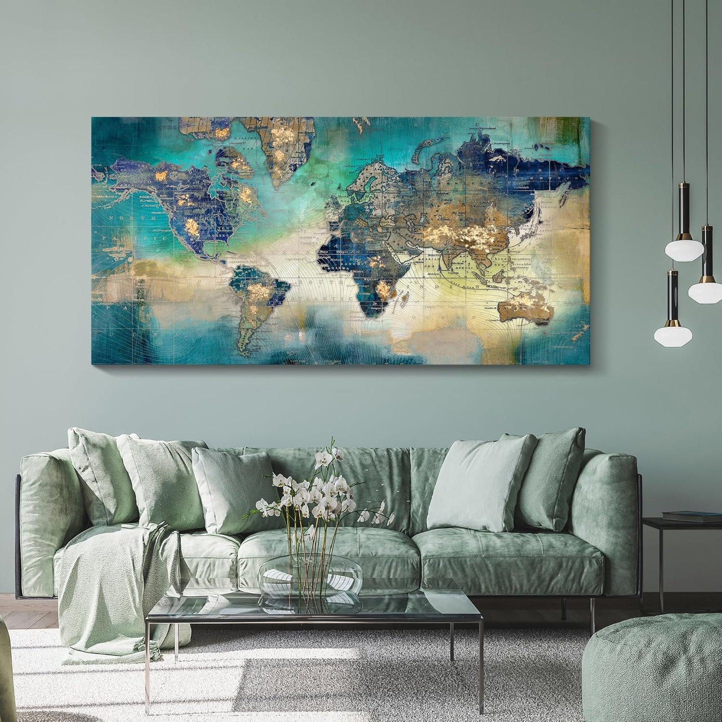 Large World Map Canvas Prints Wall Art for Living Room Office 30x60 Green World Map Picture Artwork Decor for Home Decoration