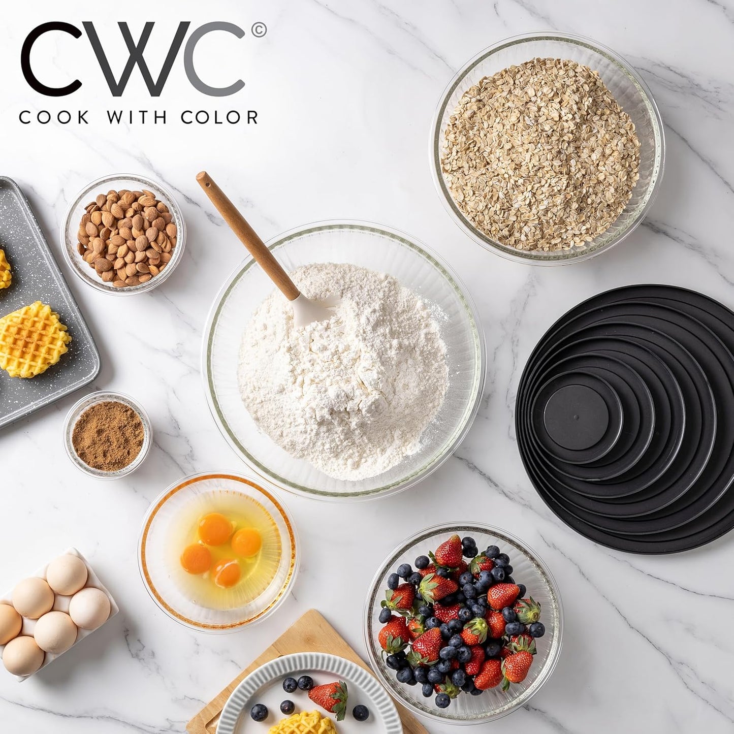 COOK WITH COLOR 12 Pc Glass Mixing Bowl Set with Lids – Borosilicate Glass Nesting Bowls for Cooking, Baking and Meal Prep, Fluted Black