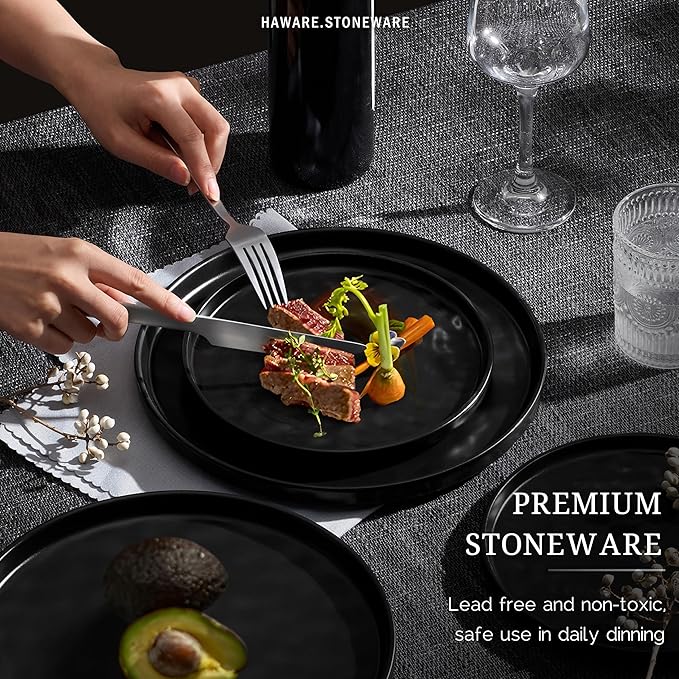 HaWare Dinnerware Sets, 24-Piece Plates and Bowls Set, Stoneware Dish Set for 8, Ceramic Dinnerware for Home Restaurant, Chip and Scratch Resistant, Microwave and Dishwasher Safe, Matte Black