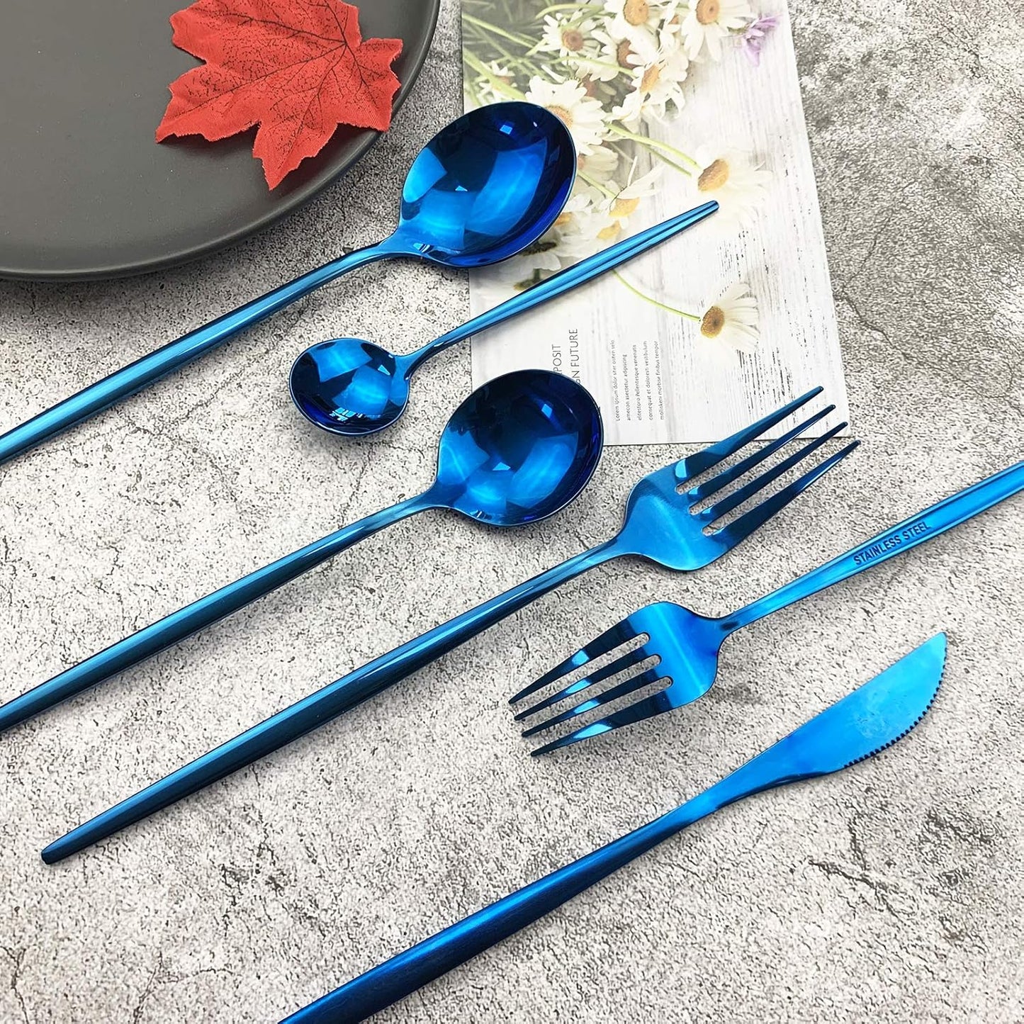 JASHII Silverware Set, Mirror Polished Blue Flatware Cutlery Service for 4, Shiny Finish 24-Piece Stainless Steel Utensil Set - Dinner Knife, Fork, Spoon, Dessert Fork, Salad Spoon - Dishwasher Safe