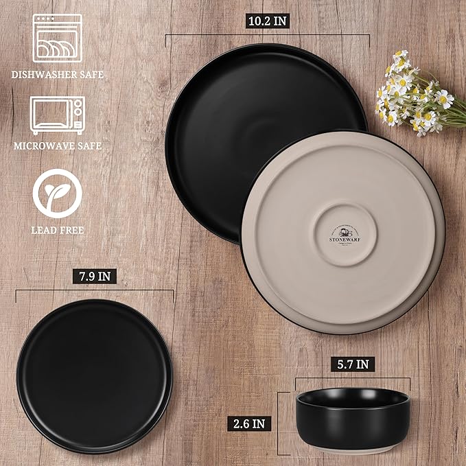 HaWare Stoneware Dinnerware Sets, 12-Piece Plates and Bowls Set for 4, Dishes Set for Home Restaurant, Frosting Black