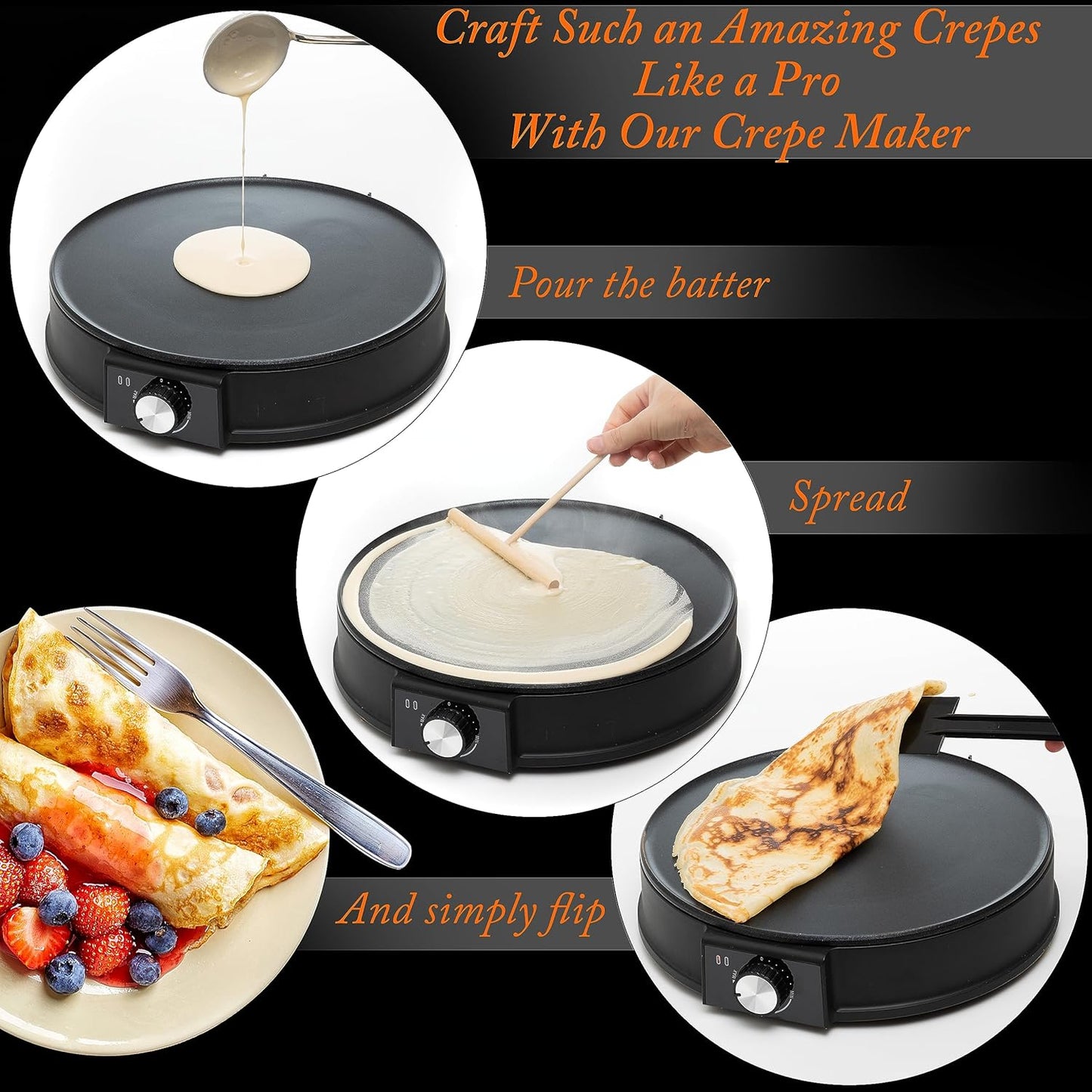Moss & Stone 12” Electric Griddle Pan & Crepe Machine, Non-Stick Electric Crepe Maker with Adjustable Temperature, Includes Spreader & Spatula – Ideal for Pancakes, Blintzes & Tortillas