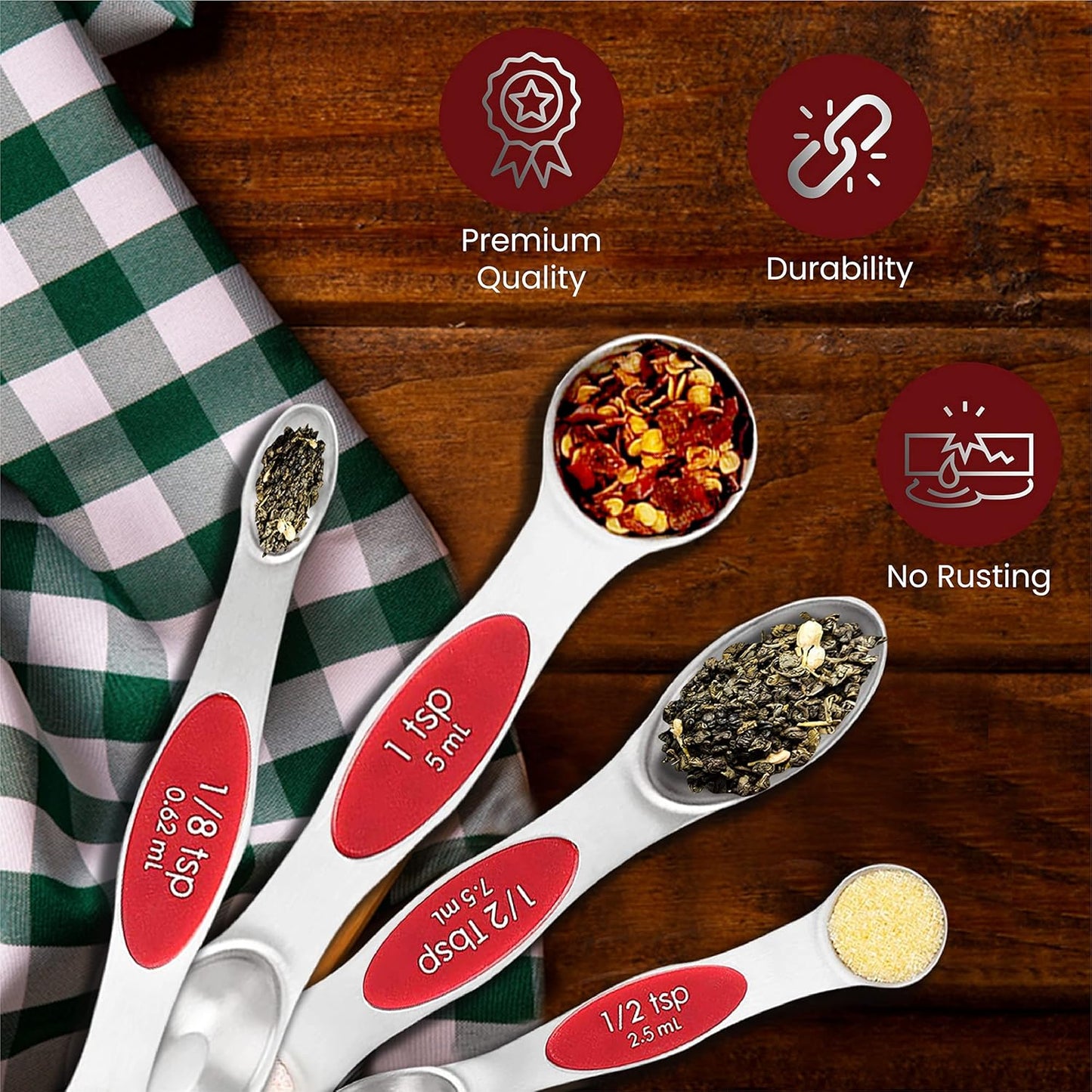 Magnetic Measuring Spoons Set of 9 Stainless Steel Dual-Sided Stackable Measuring Spoon Nesting Teaspoons Measuring Dry and Liquid Ingredients, Fits in Spice Jars Set of 9 (Red)