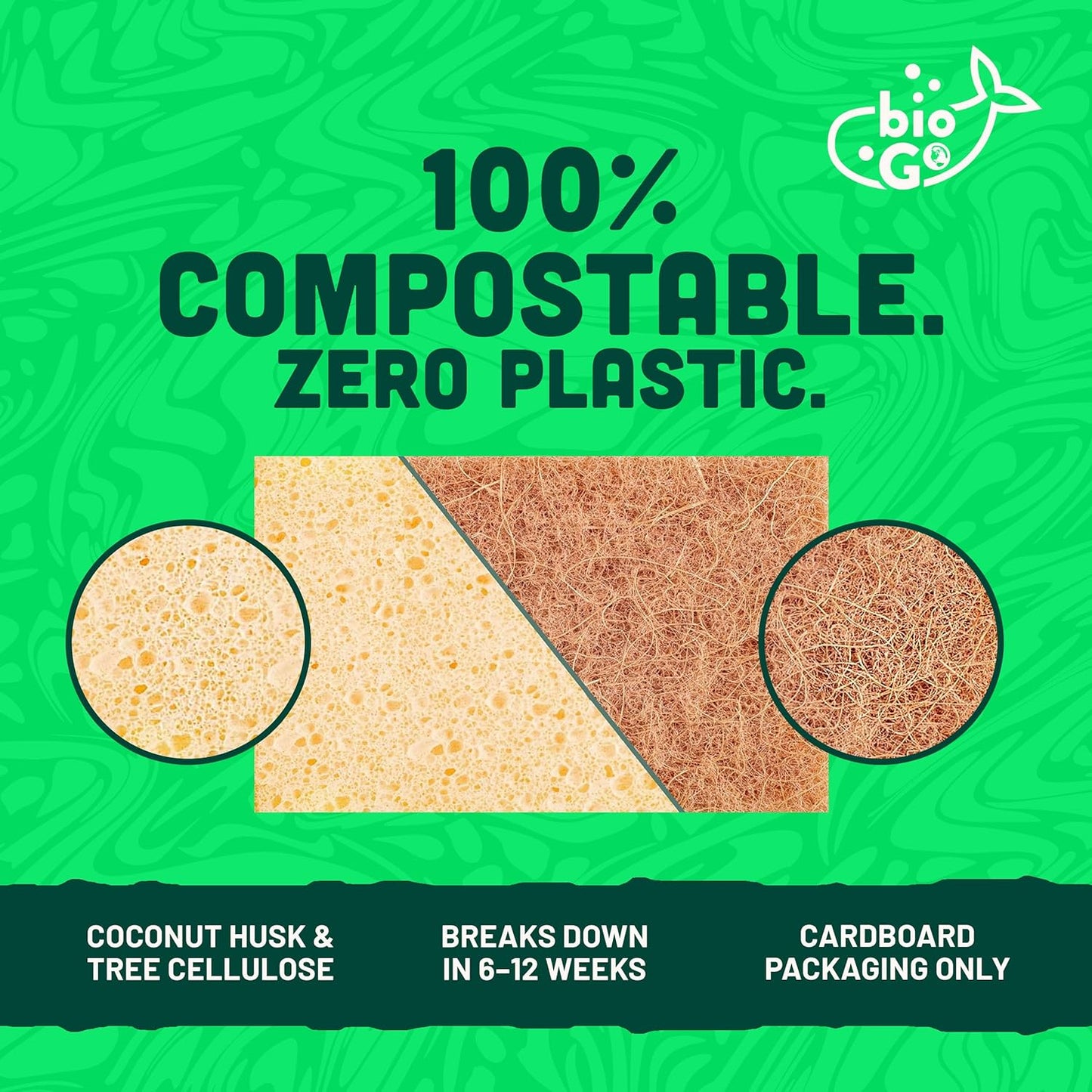 bioGo 12 Pack Natural Biodegradable Kitchen Sponges - Eco-Friendly, Compostable, Cellulose Dish - Compostable - Biodegradable - Cellulose Sponge