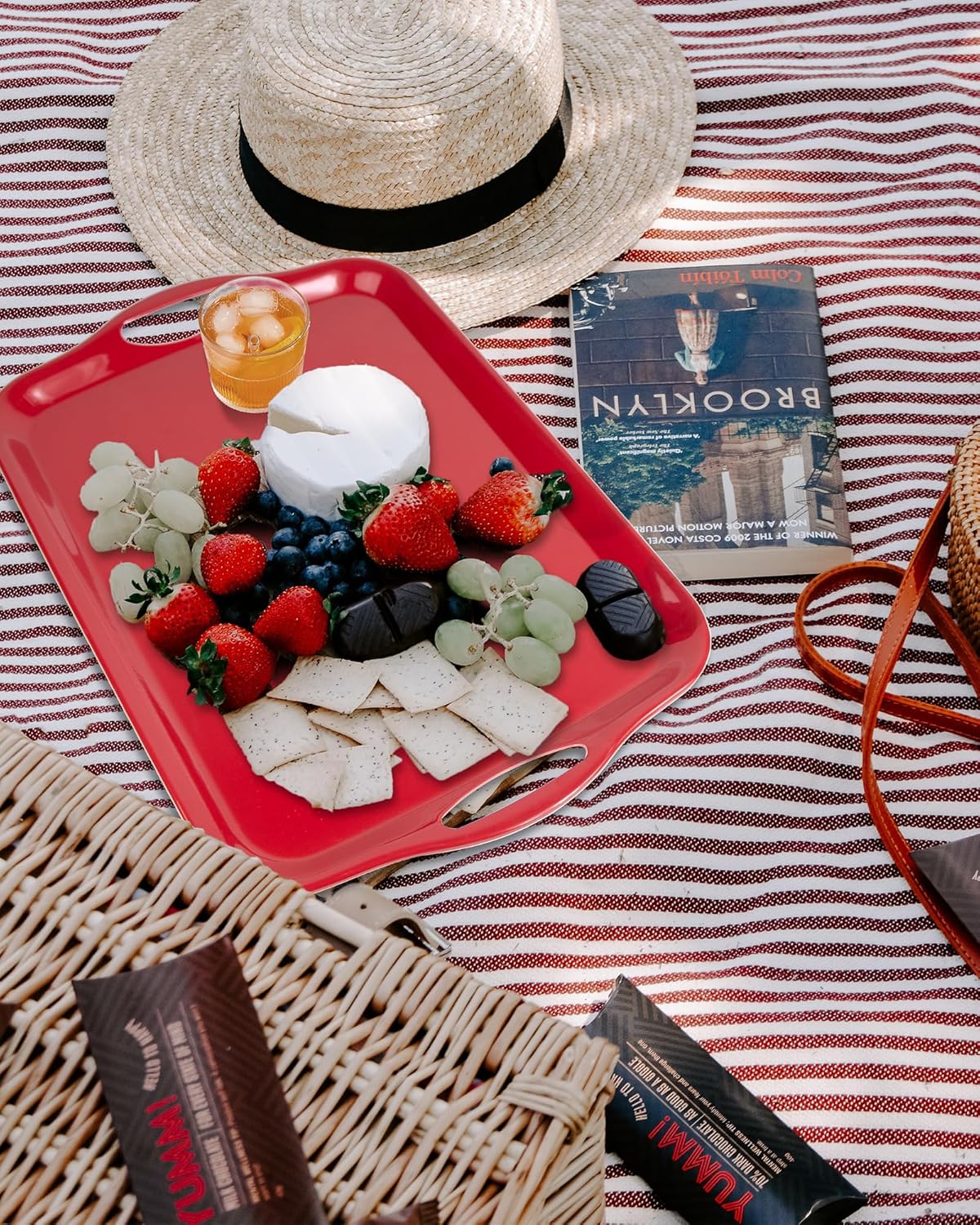 17.5 x 12’’ Large Melamine Serving Tray with Handles, Set of 2 Rectangular Melamine Serving Platters, Dishwasher Safe Trays for Eating, Appetizer, Charcuterie, Snack, Fruits, Desserts, Red