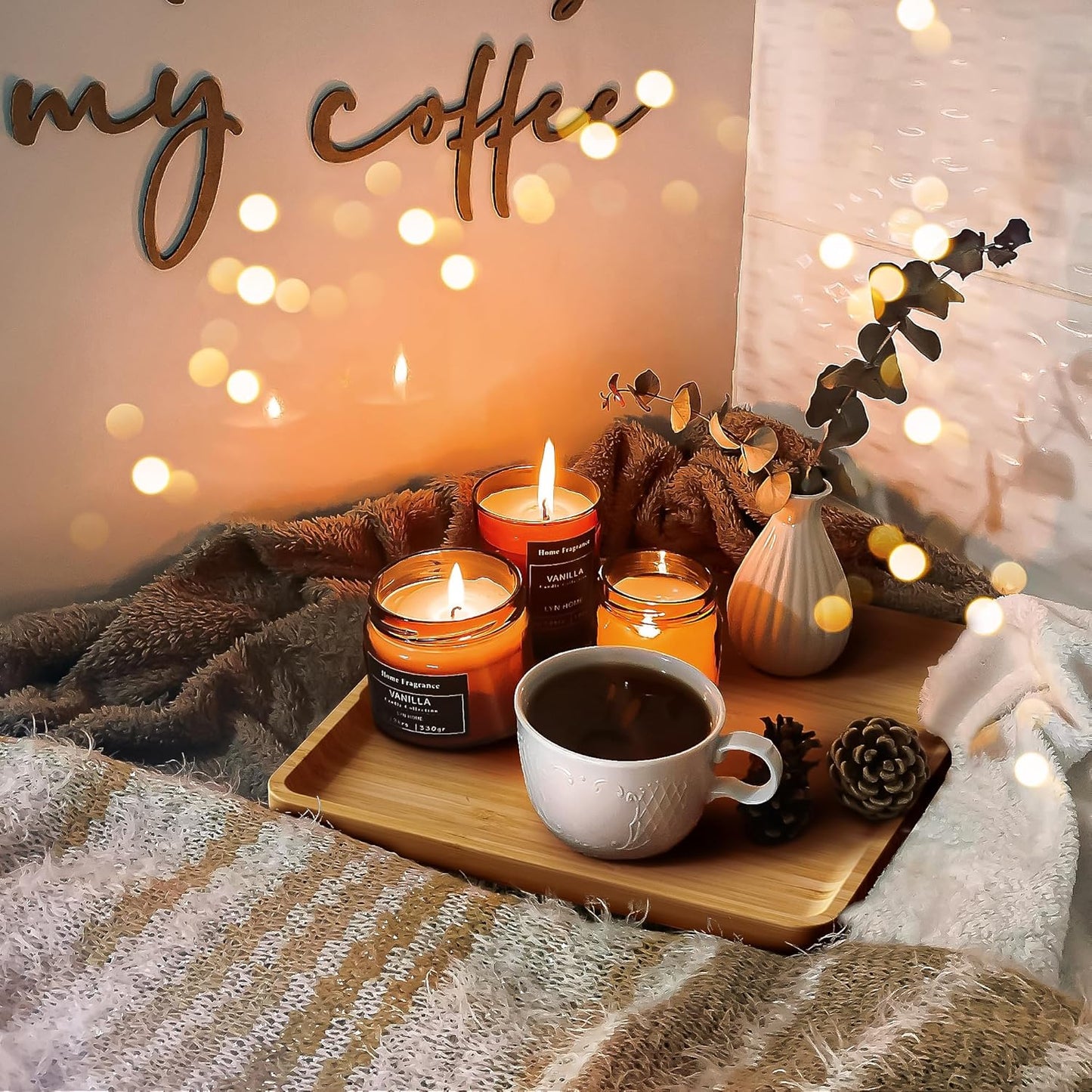 Square Bamboo Serving Tray with Handles - 9.4x7.4 Inch Rustic Wooden Platter for Coffee, Kitchen, Living Room & Party (Lightweight, Splinter-Free & Oil-Coated)