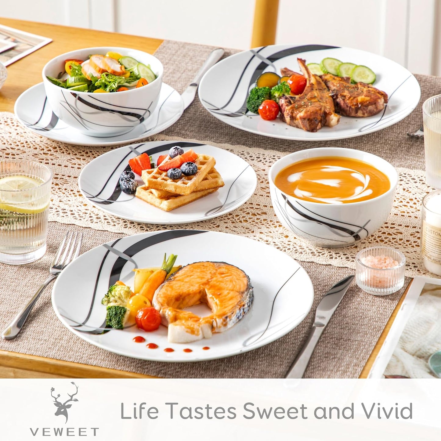 VEWEET Porcelain Dinnerware Sets for 4, 12 Pieces Plates and Bowls Set with Black and Grey Ribbon Lines, Dishes Set Dining Ware for Dinner, Microwave and Dishwasher Safe, Series FIONA