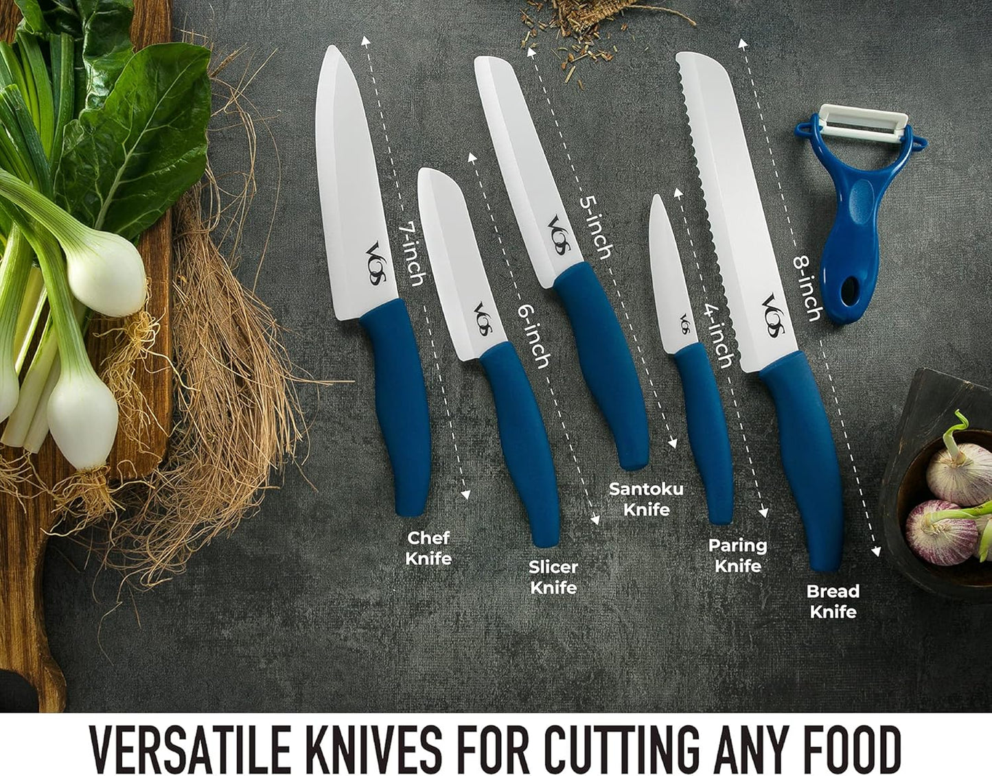 Vos Ceramic Knife Set with Peeler – 4", 5", 6", 7", 8" Blue Ceramic Kitchen Knives