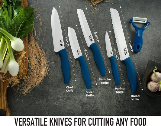 Vos Ceramic Knife Set with Peeler – 4", 5", 6", 7", 8" Blue Ceramic Kitchen Knives