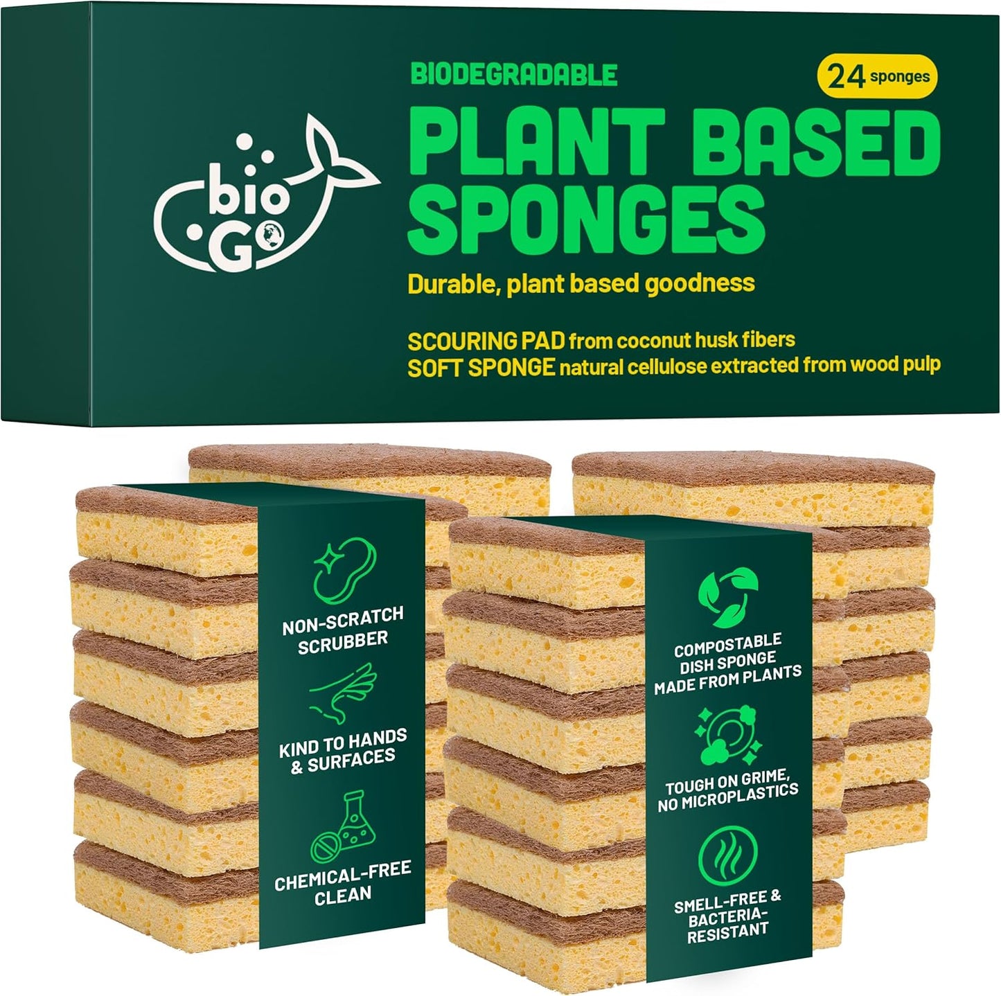 bioGo 24 Pack Biodegradable Kitchen Sponges - Eco-Friendly, Compostable, Natural Cellulose Dish Sponge - Biodegradable - Kitchen