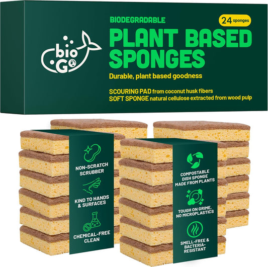 bioGo 24 Pack Biodegradable Kitchen Sponges - Eco-Friendly, Compostable, Natural Cellulose Dish Sponge - Biodegradable - Kitchen