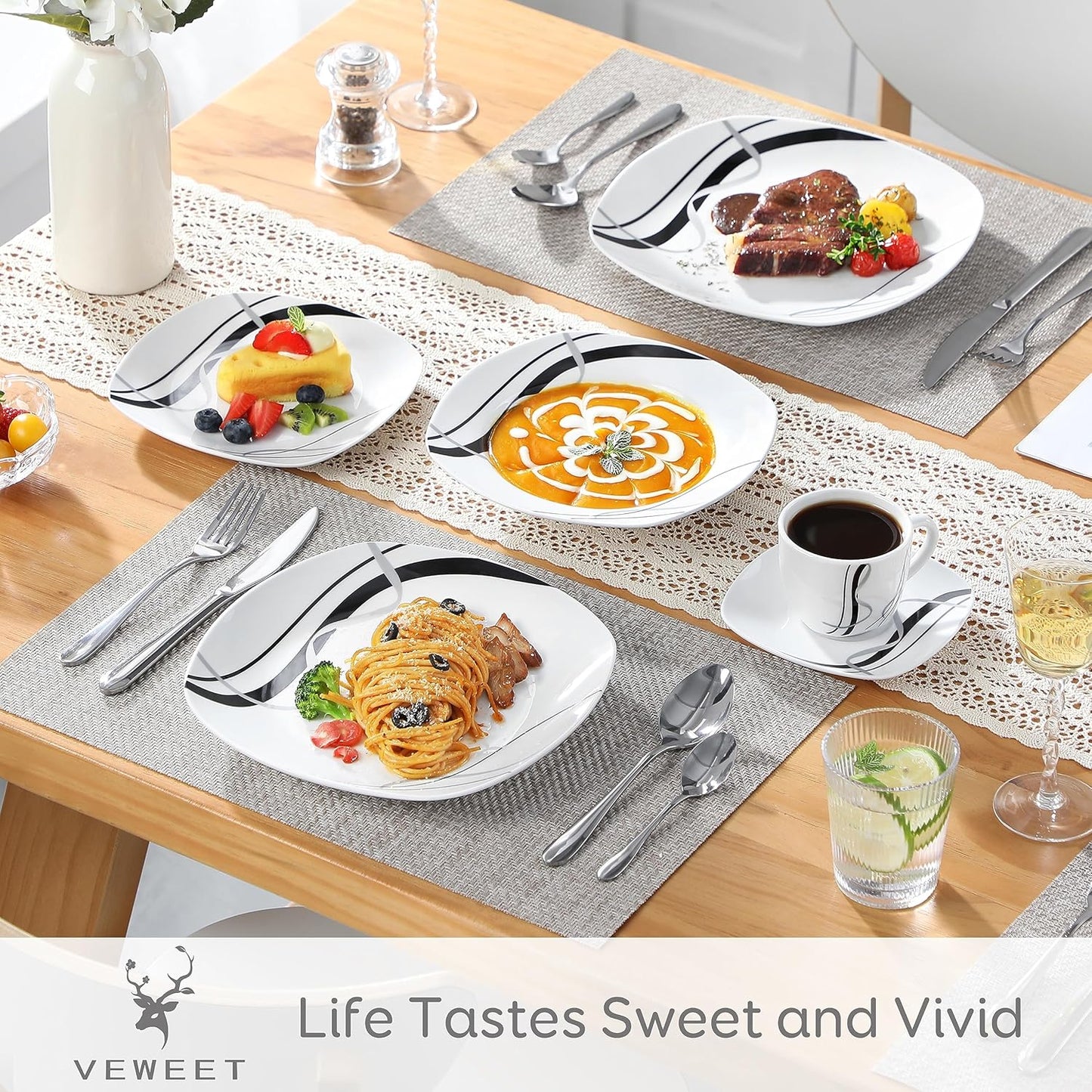 VEWEET, Series Fiona, 30-Piece Dinnerware Sets for 6, White Dishes Set with Black and Gray Stripes, Porcelain Dinner Set Including Dessert Plates, Soup Plates, Dinner Plates, Cups & Saucers