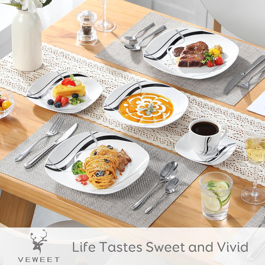 VEWEET, Series Fiona, 30-Piece Dinnerware Sets for 6, White Dishes Set with Black and Gray Stripes, Porcelain Dinner Set Including Dessert Plates, Soup Plates, Dinner Plates, Cups & Saucers