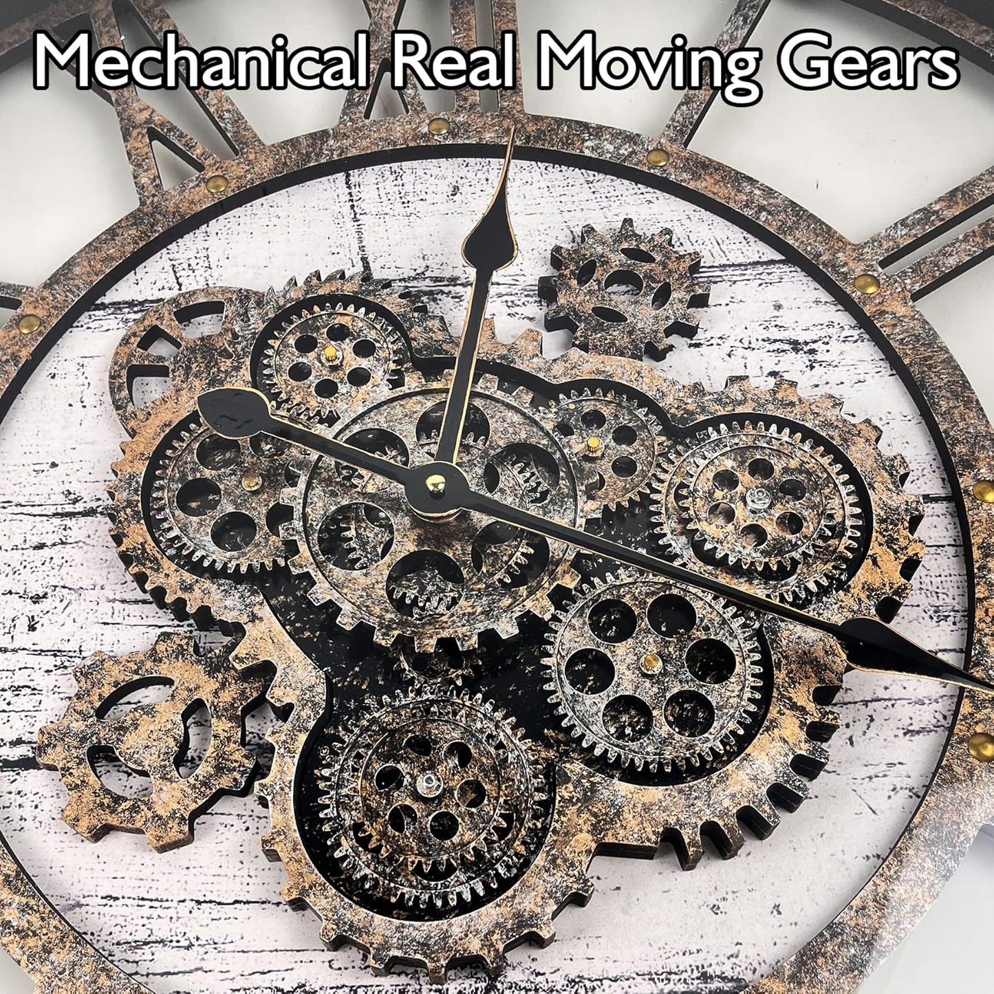 DORBOKER 30" Large Wall Clock Moving Gears,Oversized Industrial Rustic Farmhouse Clocks for Living Room Decor Office Home, Solid Wood Retro Metal HD Tempered Glass Cover, White Grey