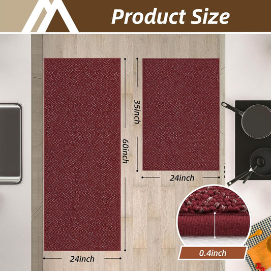 COSY HOMEER Kitchen Rugs Non Slip Washable 24"x36"+24"x60" Absorbent Kitchen Mats for Floor Stain Resistant Kitchen Runner Rug Sets of 2 Kitchen Floor Mats for Sink,Red