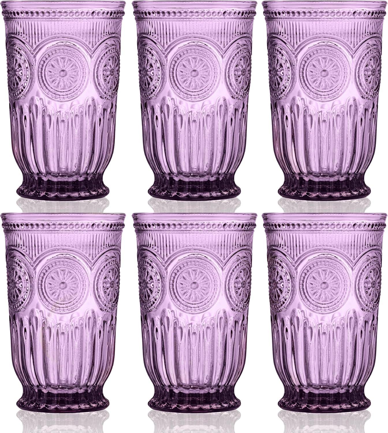 Yungala Purple Highball Glasses, set of 6 tall drinking glasses with unique vintage design and a deep purple hue. DISHWASHER SAFE glassware made from purple glass. Matching wine glasses available.