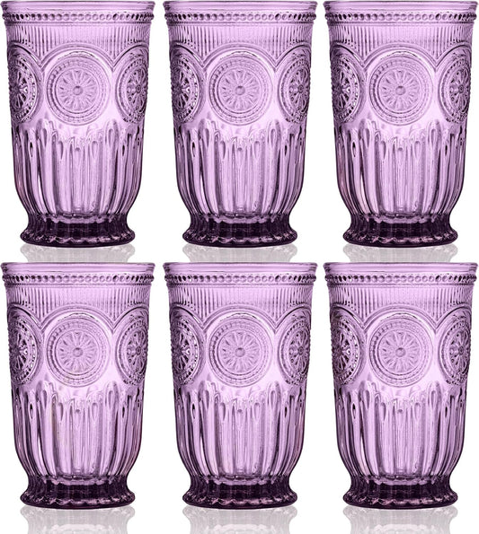 Yungala Purple Highball Glasses, set of 6 tall drinking glasses with unique vintage design and a deep purple hue. DISHWASHER SAFE glassware made from purple glass. Matching wine glasses available.