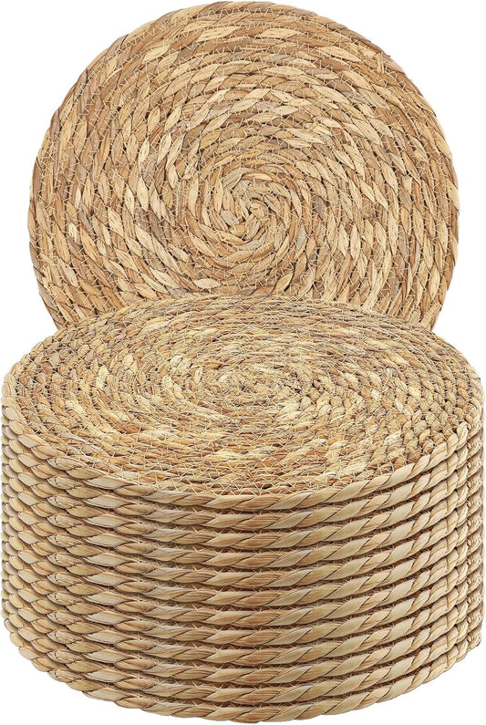 Set of 12 Round Woven Placemats - 13.8 Inches Natural Boho Rattan Wicker Table Mats for Home Dining Table