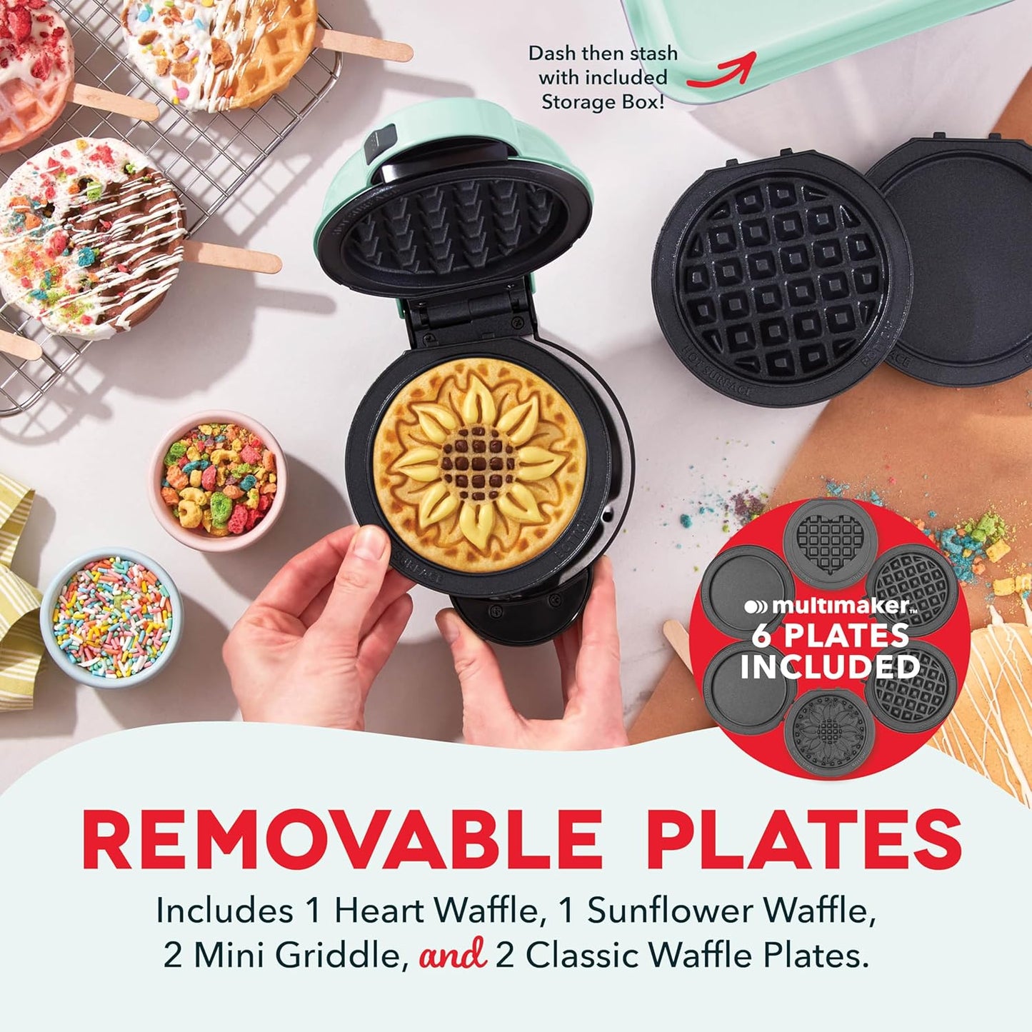 DASH Multimaker Mini System - Waffle Maker with Six 4” Removable Plates & Storage Case: Waffle Iron & Griddle, 4-in-1 Mini Waffle Maker for Kids and Families – Nonstick Surface, Just Add Batter (Aqua)