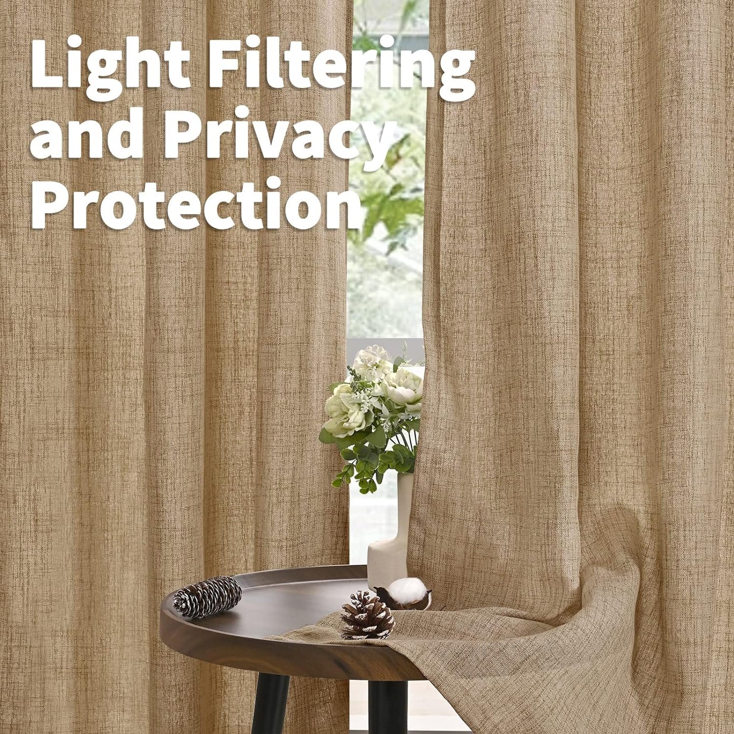 YoungsTex Linen Curtains 95 Inches Long Bronze Grommet Burlap Textured Curtain Light Filtering Window Drapes for Living Room Dining Room Farmhouse, Toffee, 2 Panels, 52 X 95 Inch