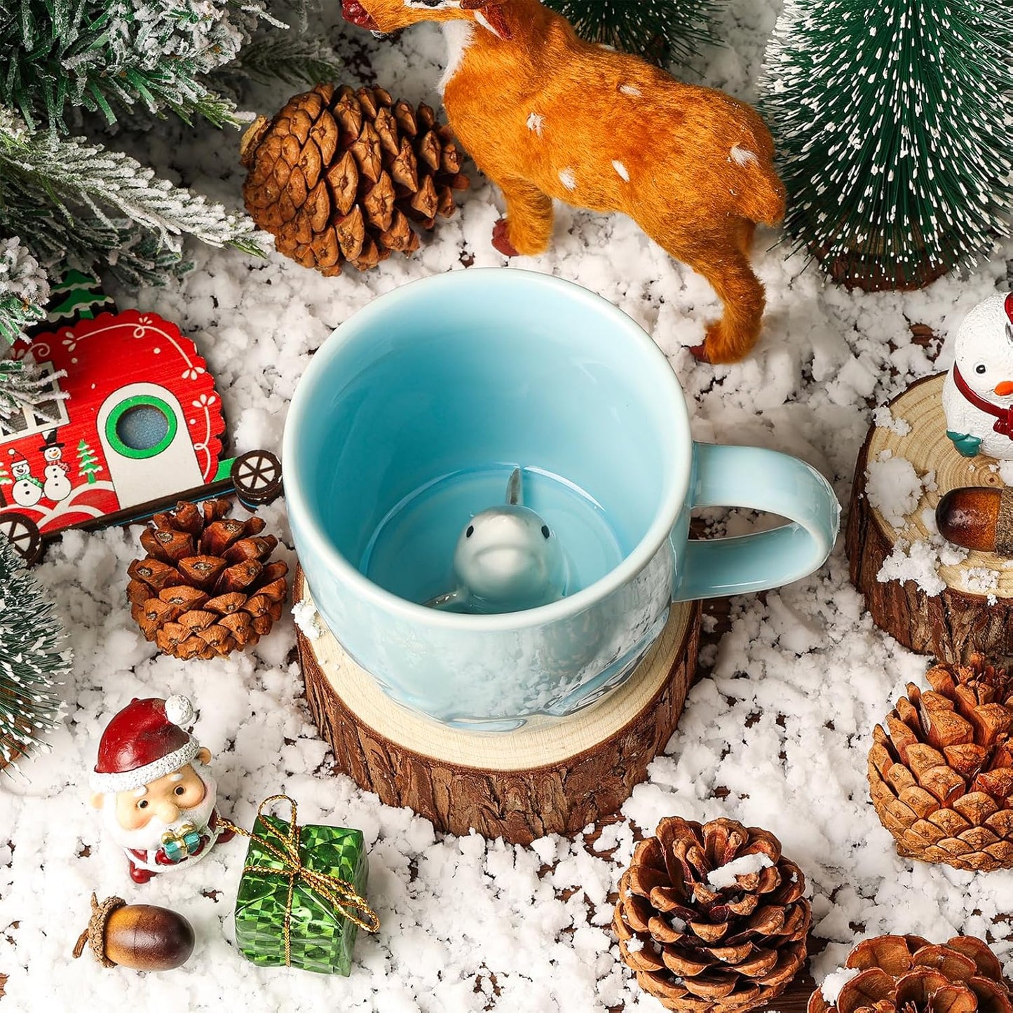 Shark Ceramic Cup Hidden 3D Animal Inside Mug,Cute Cartoon Handmade Figurine Mug,Christmas Birthday Surprise for Friends Family or Kids (Blue Shark)