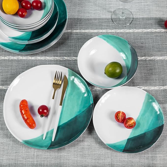 Melamine Plates and Bowls Set - 12pcs Dinnerware Dishes Set for 4, Dinner Plates for Indoor and Outdoor Use, Lightweight Break-resistant, Green & White